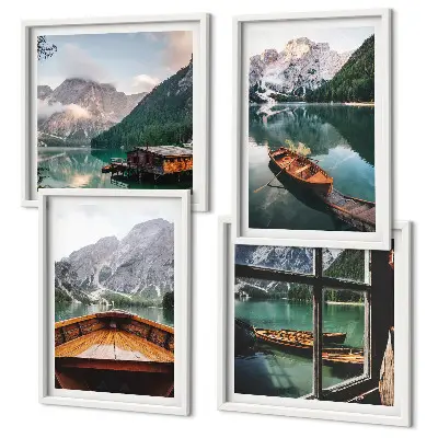 Conjunto de 4 quadros com moldura com paisagem de lago, montanhas, barcos e chalé vista de uma janela