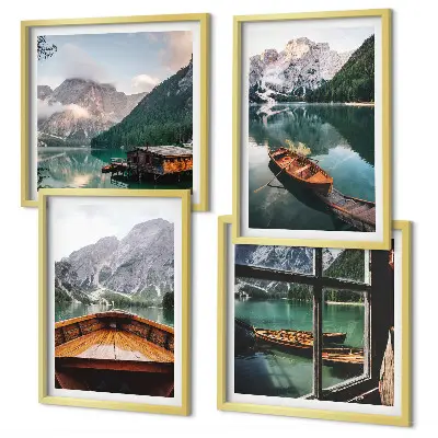 Conjunto de 4 quadros com moldura com paisagem de lago, montanhas, barcos e chalé vista de uma janela