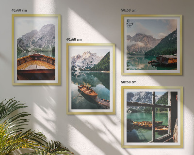 Conjunto de 4 quadros com moldura Lago, montanhas, barcos, chalé, janela