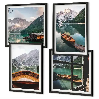 Conjunto de 4 quadros com moldura com paisagem de lago, montanhas, barcos e chalé vista de uma janela