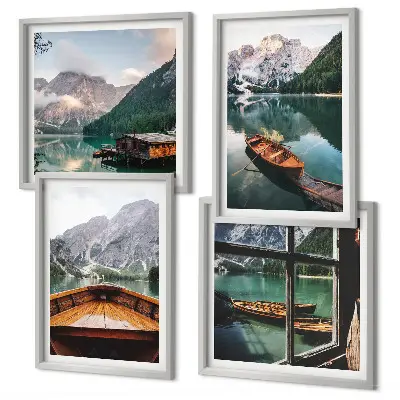 Conjunto de 4 quadros com moldura com paisagem de lago, montanhas, barcos e chalé vista de uma janela