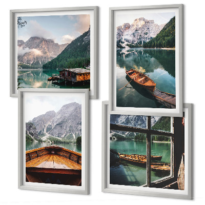 Conjunto de 4 quadros com moldura Lago, montanhas, barcos, chalé, janela