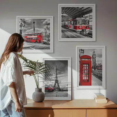 Políptico com moldura Cidades icônicas londres, paris e ferrovia