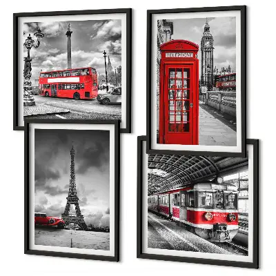 Políptico com moldura Cidades icônicas londres, paris e ferrovia