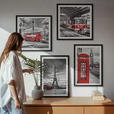 Políptico com moldura Cidades icônicas londres, paris e ferrovia