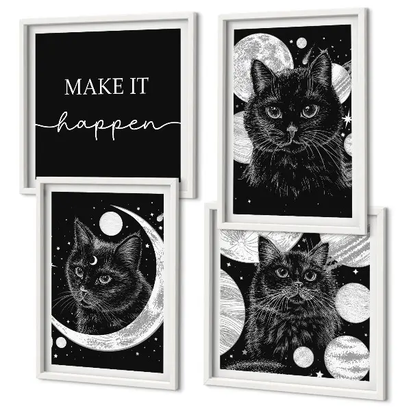 Composição de quadros planeta lua e gatos pretos