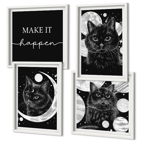 Composição de quadros planeta lua gatos pretos