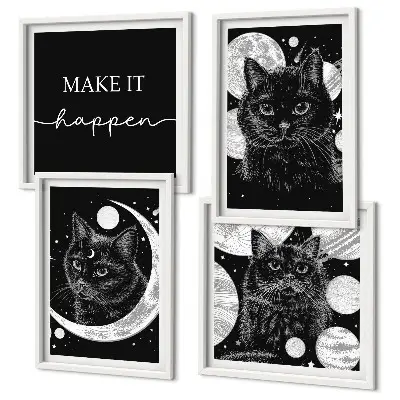 Composição de quadros planeta lua e gatos pretos