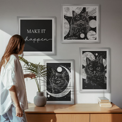 Composição de quadros planeta lua gatos pretos