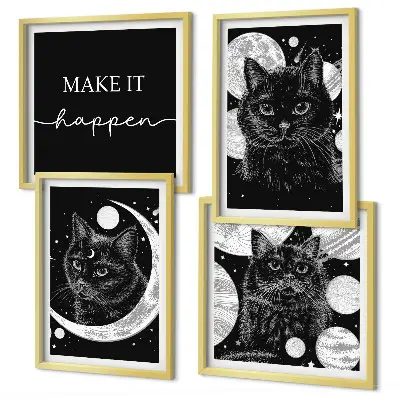 Composição de quadros planeta lua e gatos pretos