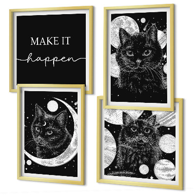 Composição de quadros planeta lua gatos pretos