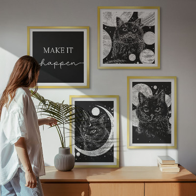 Composição de quadros planeta lua gatos pretos