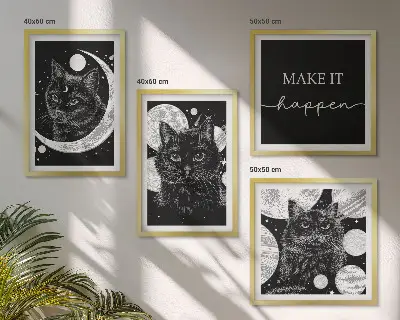 Composição de quadros planeta lua e gatos pretos