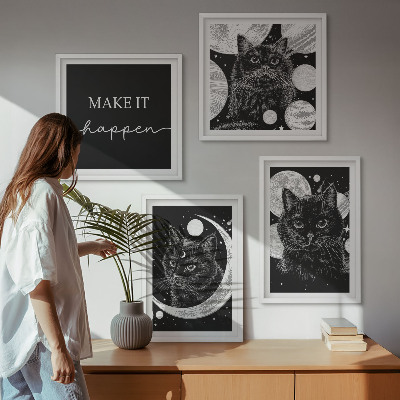 Composição de quadros planeta lua gatos pretos