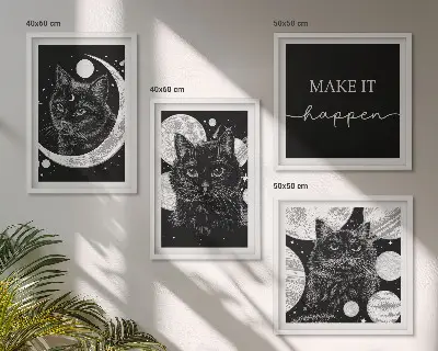 Composição de quadros planeta lua e gatos pretos