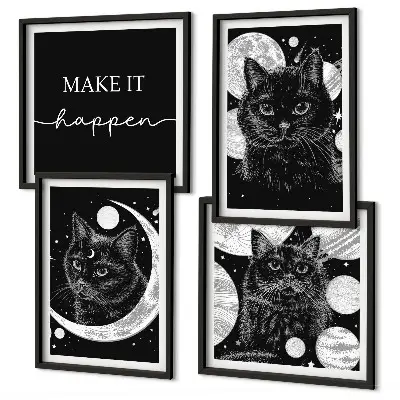 Composição de quadros planeta lua e gatos pretos