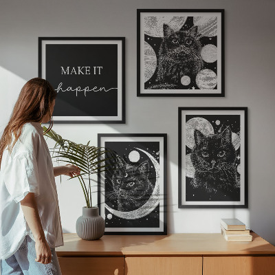 Composição de quadros planeta lua gatos pretos