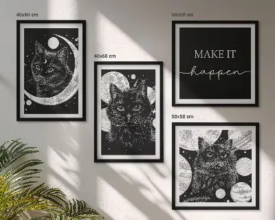 Composição de quadros planeta lua e gatos pretos