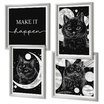 Composição de quadros planeta lua e gatos pretos