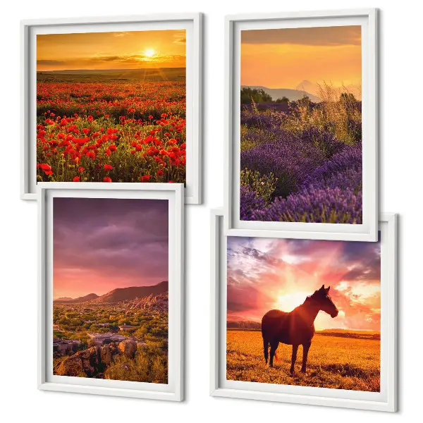Composição de quadros de paisagem de montanha com cavalo e lavanda