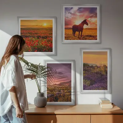 Composição de quadros de paisagem de montanha com cavalo e lavanda