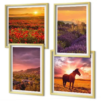 Composição de quadros de paisagem de montanha com cavalo e lavanda