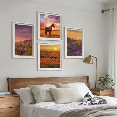 Composição de quadros de paisagem de montanha com cavalo e lavanda