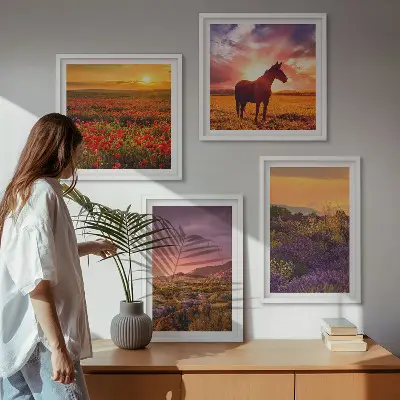 Composição de quadros de paisagem de montanha com cavalo e lavanda