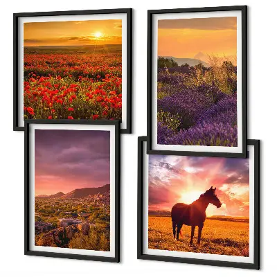 Composição de quadros de paisagem de montanha com cavalo e lavanda