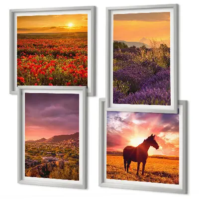 Composição de quadros de paisagem de montanha com cavalo e lavanda