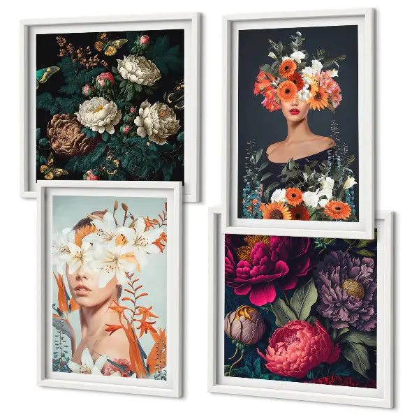 Conjunto de 4 quadros com moldura com estampas de retratos florais de buquês e folhas