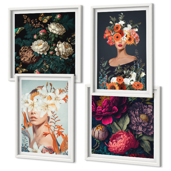 Conjunto de 4 quadros com moldura retratos florais buquês folhas