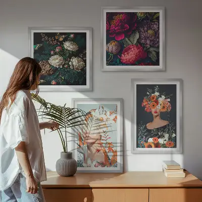 Conjunto de 4 quadros com moldura com estampas de retratos florais de buquês e folhas