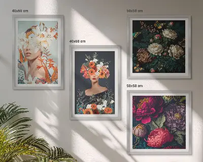 Conjunto de 4 quadros com moldura com estampas de retratos florais de buquês e folhas
