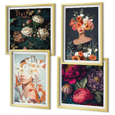 Conjunto de 4 quadros com moldura retratos florais buquês folhas