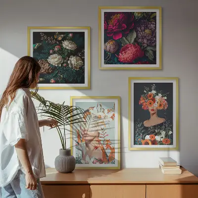 Conjunto de 4 quadros com moldura com estampas de retratos florais de buquês e folhas