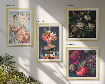 Conjunto de 4 quadros com moldura com estampas de retratos florais de buquês e folhas