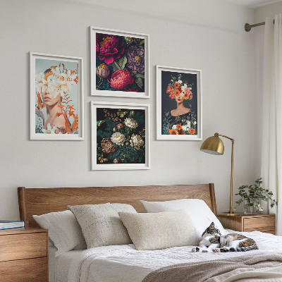 Conjunto de 4 quadros com moldura retratos florais buquês folhas