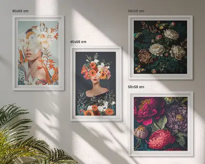 Conjunto de 4 quadros com moldura com estampas de retratos florais de buquês e folhas