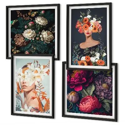 Conjunto de 4 quadros com moldura com estampas de retratos florais de buquês e folhas