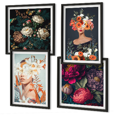 Conjunto de 4 quadros com moldura retratos florais buquês folhas