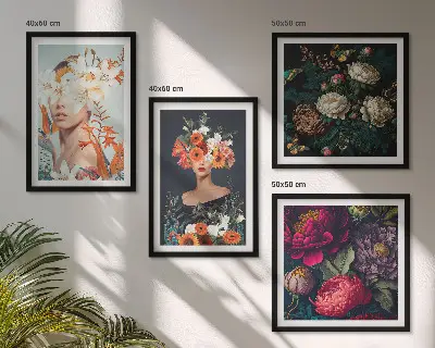 Conjunto de 4 quadros com moldura com estampas de retratos florais de buquês e folhas