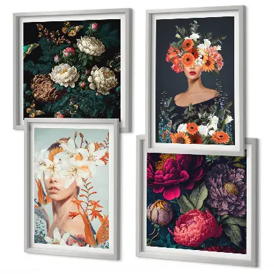Conjunto de 4 quadros com moldura com estampas de retratos florais de buquês e folhas