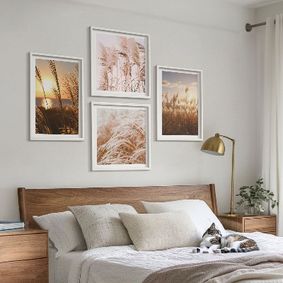 Composição de quadros pôr do sol em um campo de grama boho