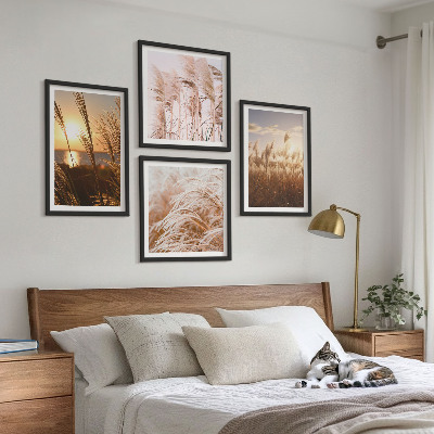 Composição de quadros pôr do sol em um campo de grama boho