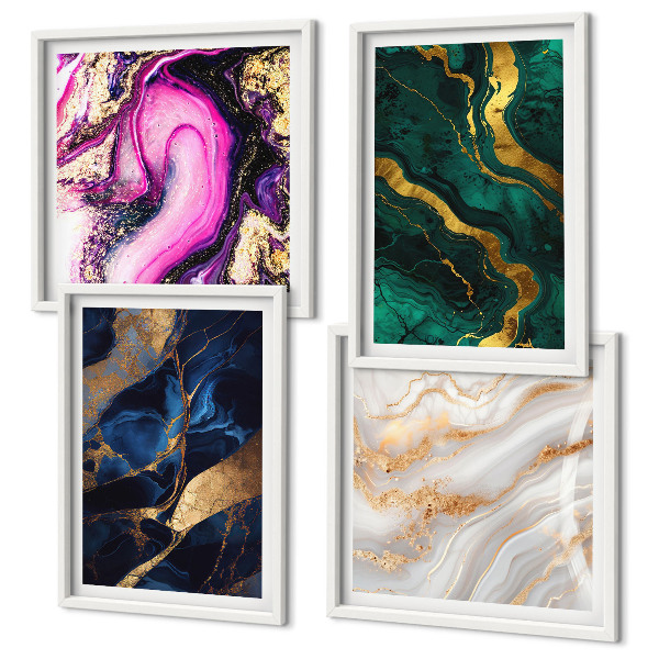 Conjunto de 4 quadros com moldura Mármore abstrato com tintas