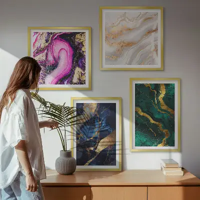 Conjunto de 4 quadros com moldura com estampa de mármore abstrato e tintas