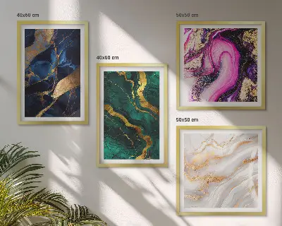 Conjunto de 4 quadros com moldura com estampa de mármore abstrato e tintas