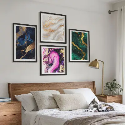 Conjunto de 4 quadros com moldura com estampa de mármore abstrato e tintas