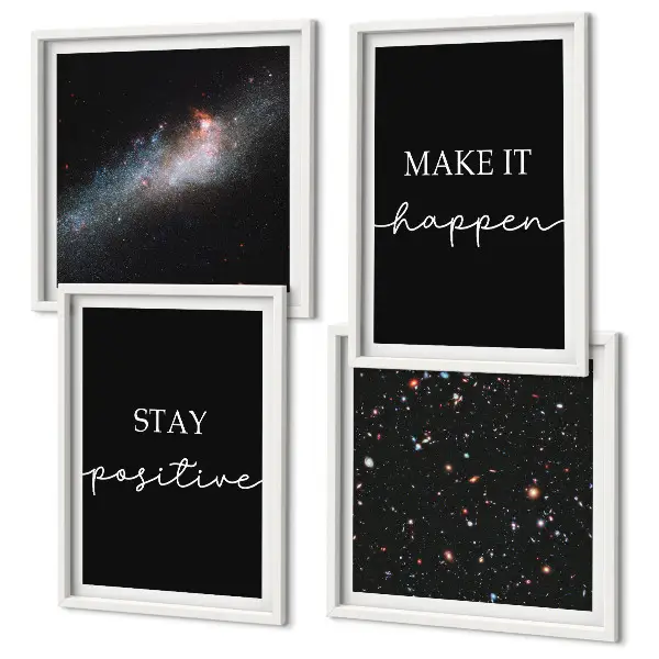 Composição de quadros com slogans motivacionais e tema de estrelas no espaço